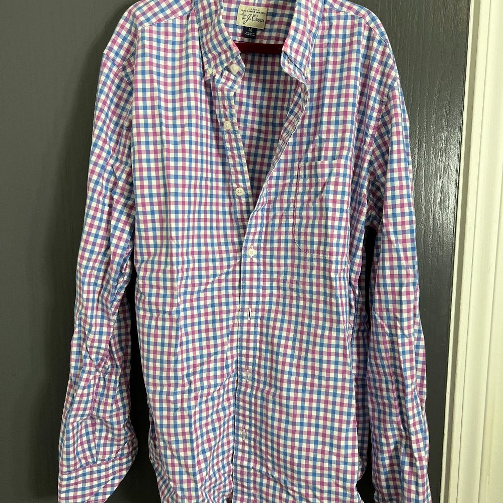 JCrew Casual Button Down Shirt (White & Purple & Blue Checkered, Medium)